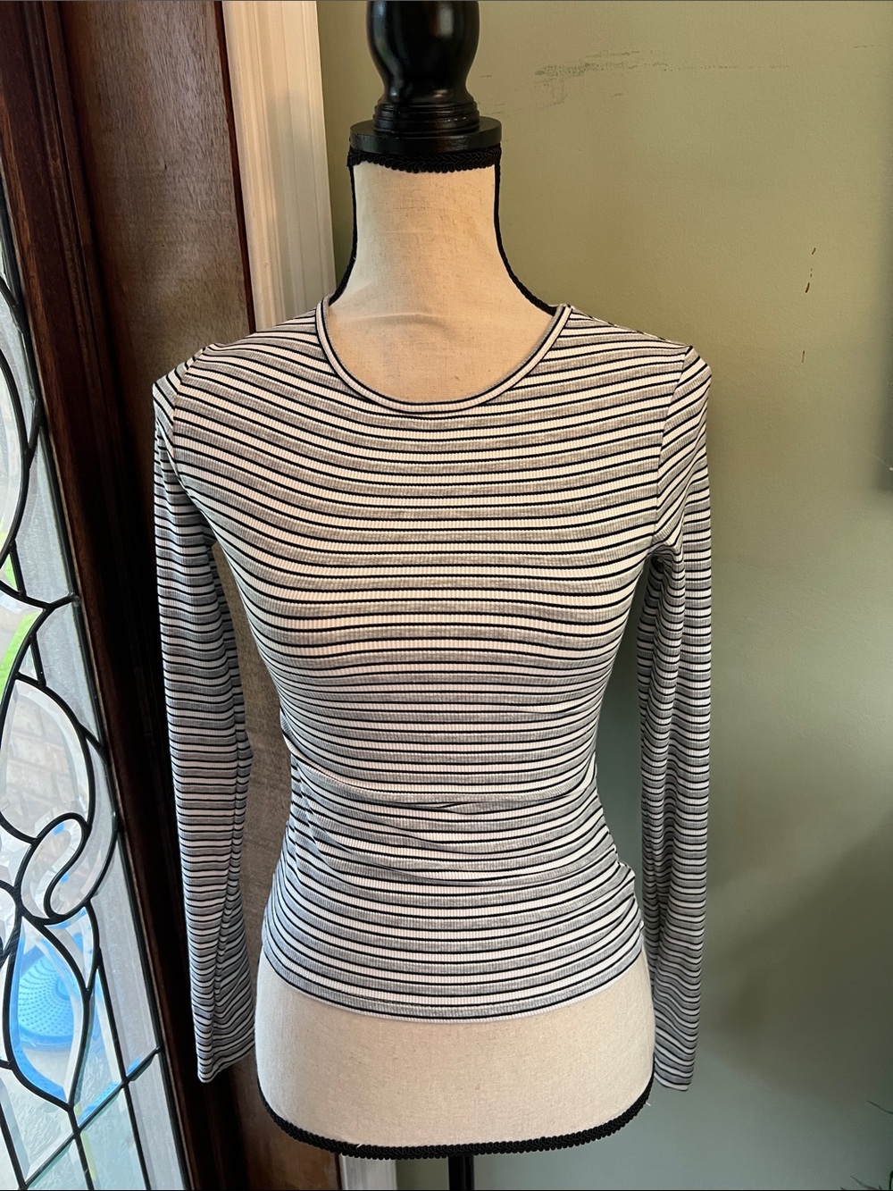 See You Monday Black and White Striped Ribbed Long-Sleeve Top